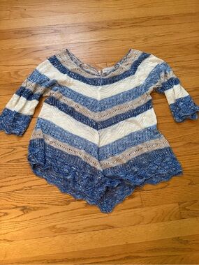 Striped Open-Knit Tunic Top in Blue, Cream, and Tan